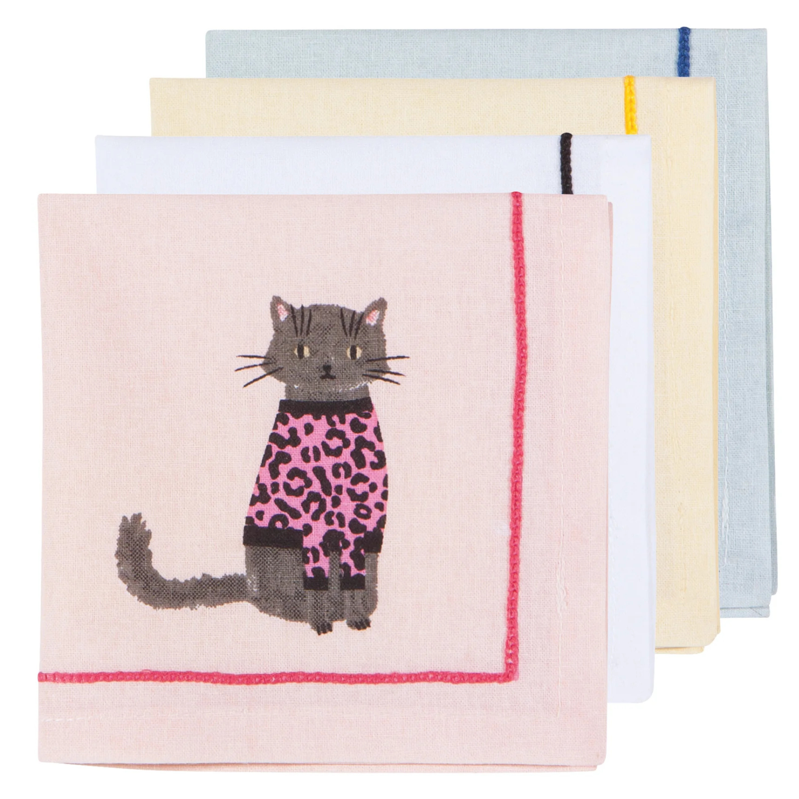 Set of four napkins with a cat design on a pink background
