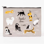 Blue Q zipper pouch. Grey with various illustrated cats in black, white and orange. In the middle black script text reads "People I love: Cats"