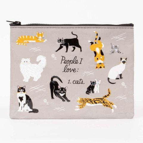 Blue Q zipper pouch. Grey with various illustrated cats in black, white and orange. In the middle black script text reads "People I love: Cats"