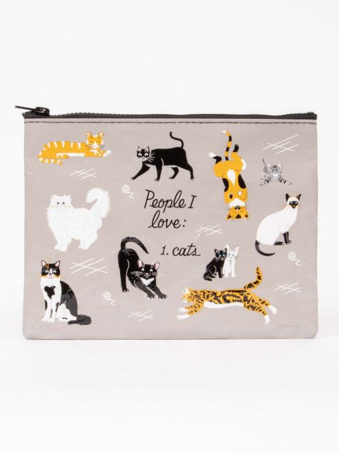 Blue Q zipper pouch. Grey with various illustrated cats in black, white and orange. In the middle black script text reads "People I love: Cats"