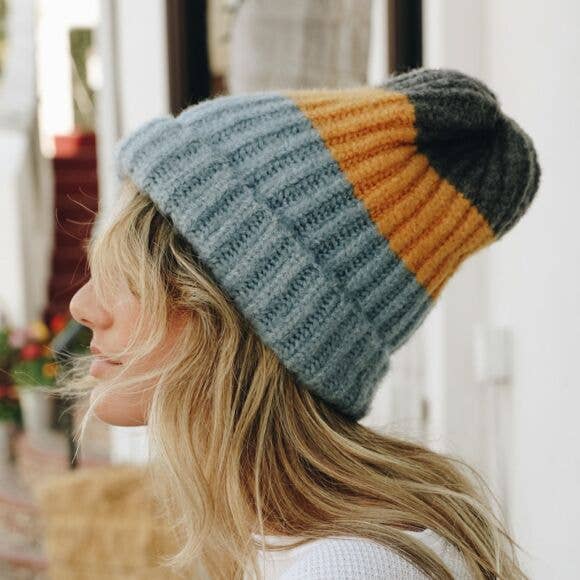 Color Block Knit Beanie - Blue Mustard