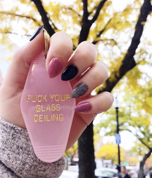 Fuck Your Glass Ceiling Feminist Motel Style Keychain in Blush Pink and Gold