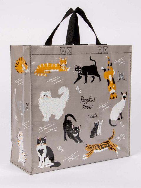 Blue Q large shopper tote. Grey with various cats illustrated in orange, black and white. In the middle in black script reads "People I want to meet: Cats"