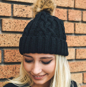 Cable Knit Beanie With Faux Fur Pom - Black