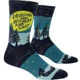 Blue Q Men's Crew socks. A night landscape illustrated with various shades of blue, pine trees with green accents line the horizon with green starts behind them. A large green circle appears as the moon and in it text reads "Dragons and Wizards and Shit"
