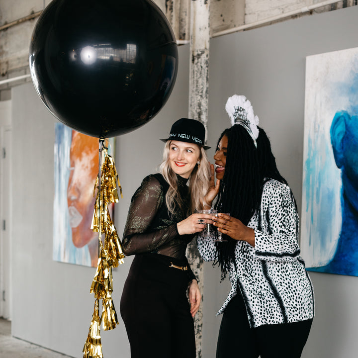 Jumbo Black Balloon with Gold Metallic Tassels