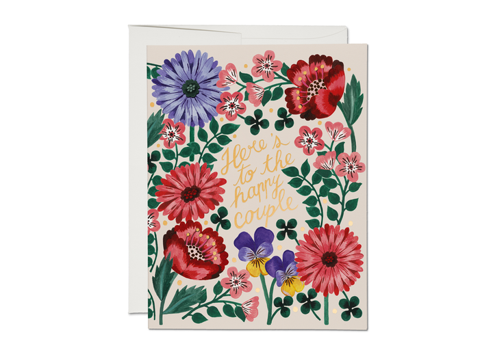 Red Cap Wedding Card Happy Couple Floral