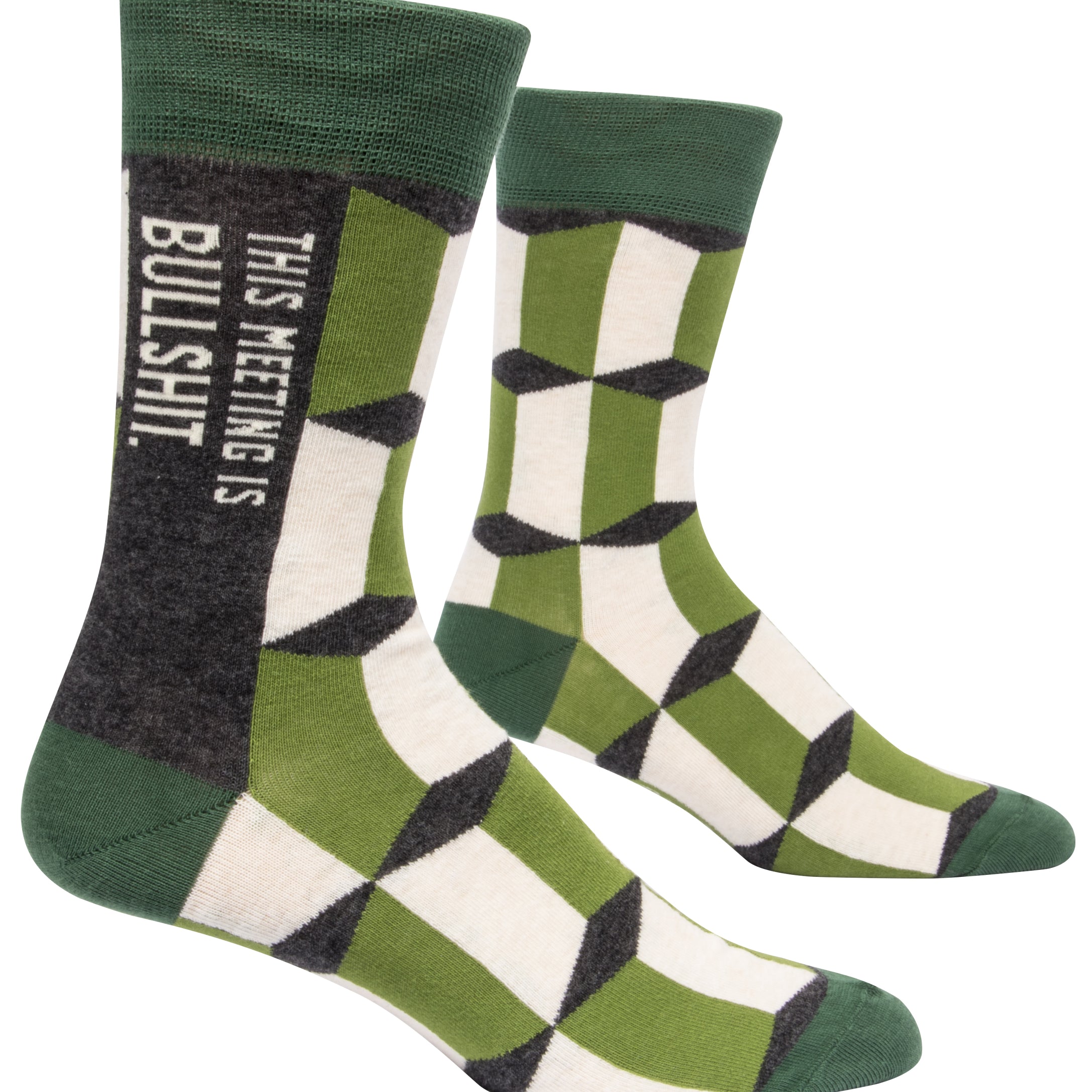 Blue Q crew socks. Grey, green and white geometric pattern. Down the side it reads "This meeting is bullshit"