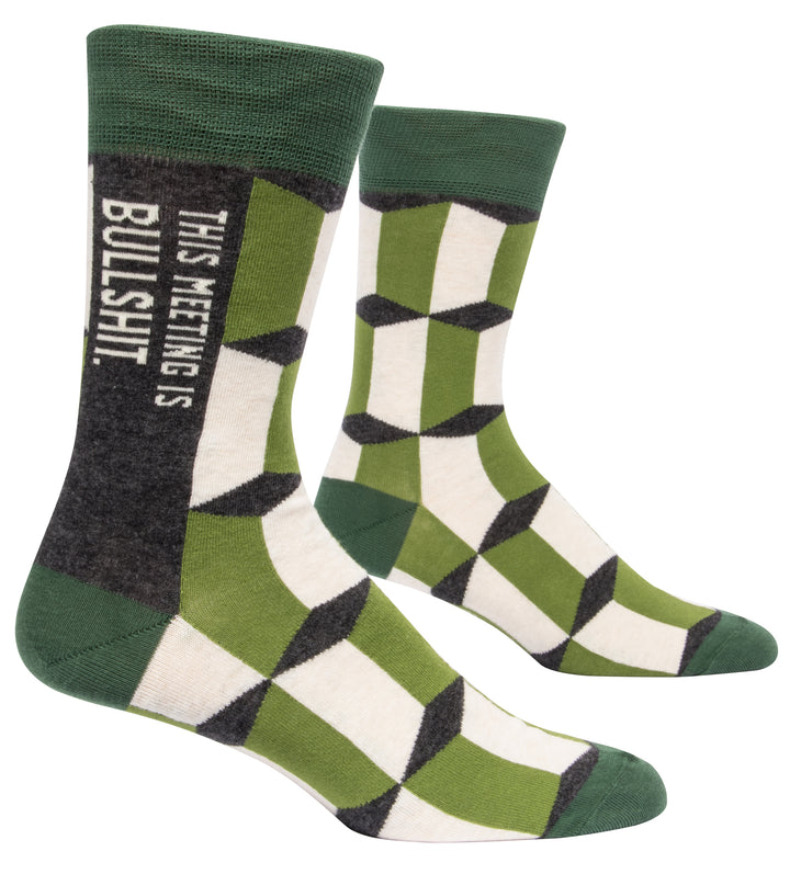 Blue Q crew socks. Grey, green and white geometric pattern. Down the side it reads "This meeting is bullshit"