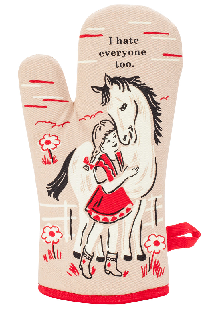 Blue Q oven mitt. Beige background with a black and red illustration of a girl hugging a horse. Above the horse it reads "I hate everyone too"