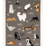 Blue Q dish towel. Grey background with a variety of orange, black and white cats all over. In the middle the words "People I love: Cats"