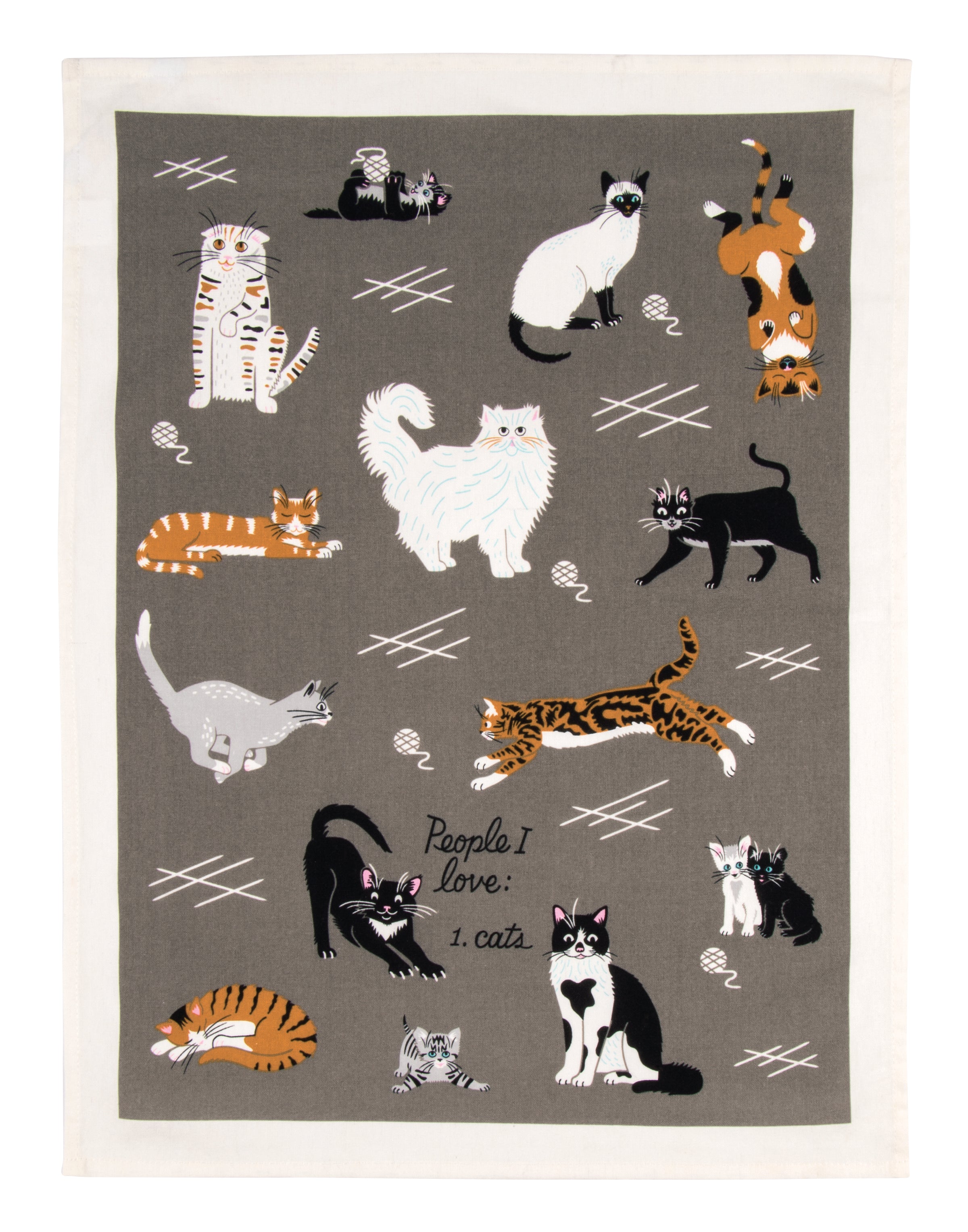 Blue Q dish towel. Grey background with a variety of orange, black and white cats all over. In the middle the words "People I love: Cats"