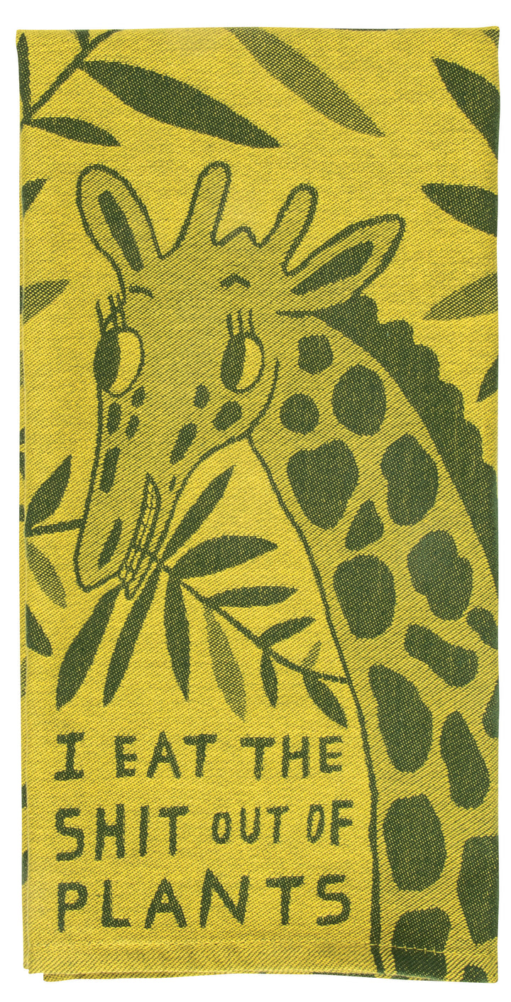 Bright green Blue Q dish towel. In a darker green color is a woven illustration of a cartoon giraffe with a branch of leaves in it's mouth. Underneath it reads "I eat the shit out of plants"