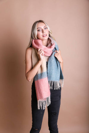 Color Block Soft Faux Mohair Scarf - Pink/Sage