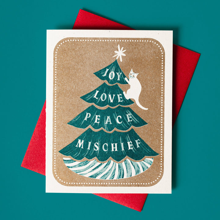 Joy Love Peace Mischief Cat - Risograph Christmas Card