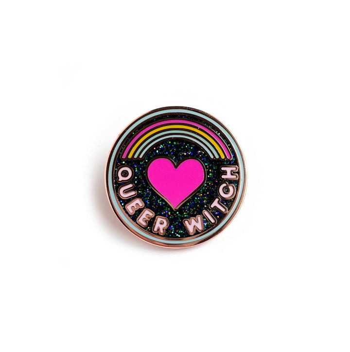 Kitty with a Cupcake Queer Witch Enamel Pin Heart Rainbow