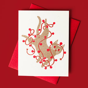 Tangled String Lights Cat - Risograph Card